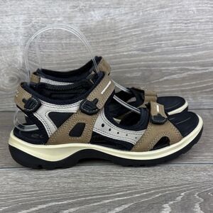 Ecco Yucatan Tan Black Gray Leather Women’s Sz 8/EU 39 Hook & Loop Sport Sandals